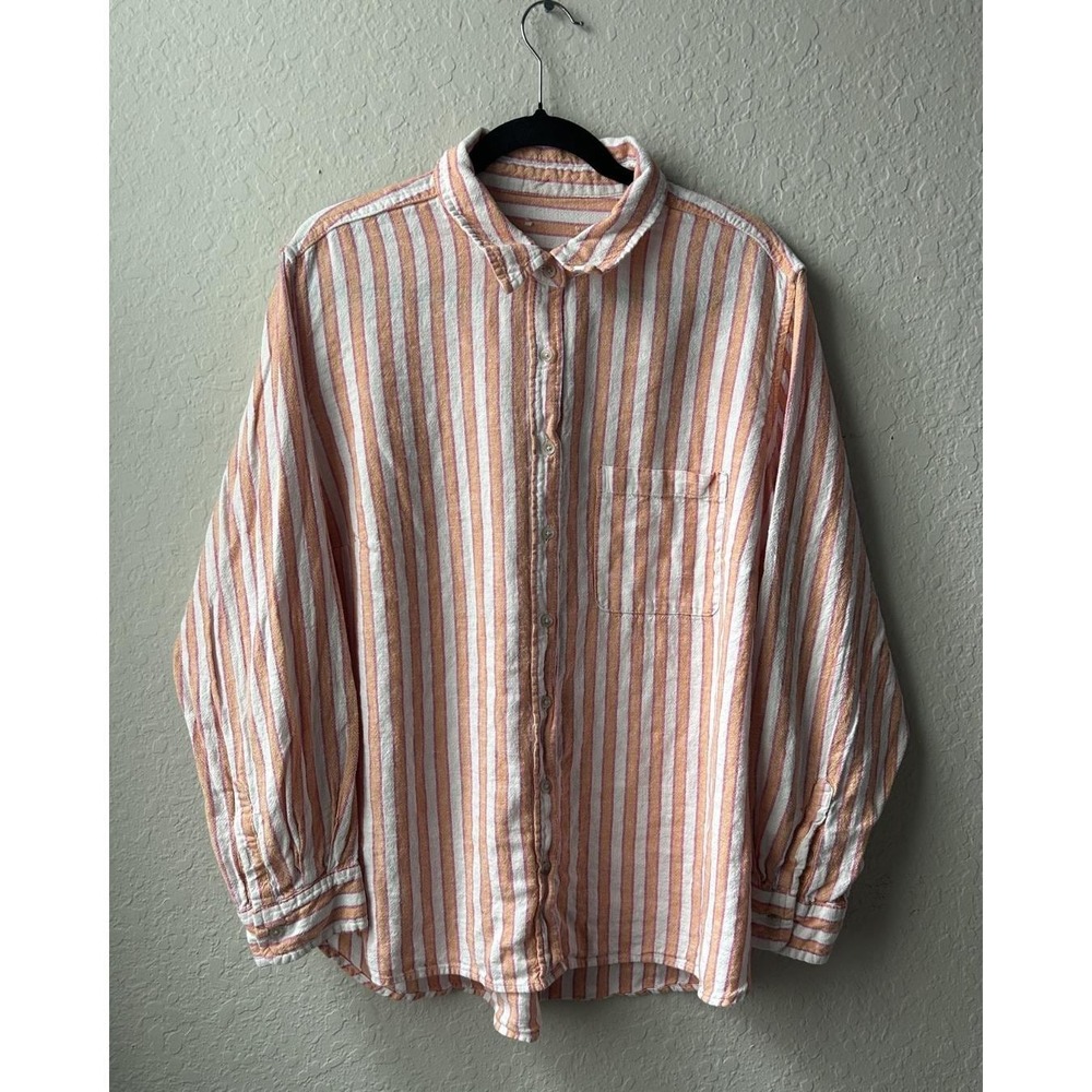 Woman's Linen Blend Striped White, Orange and Pink Long Sleeve Shirt (Size: XXL)